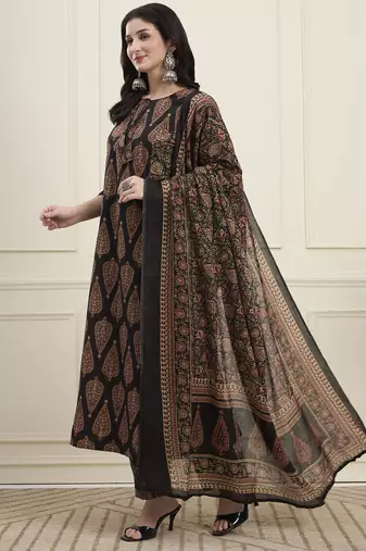 black cotton kalidaar style kurta pant dupatta set