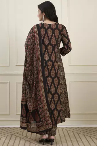 black cotton kalidaar style kurta pant dupatta set