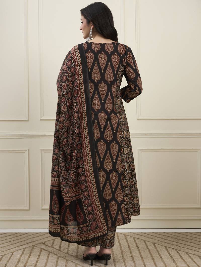 black cotton kalidaar style kurta pant dupatta set