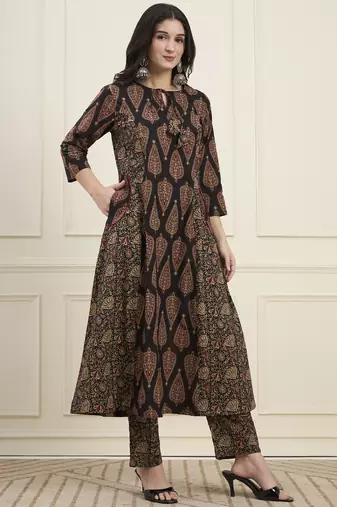 black cotton kalidaar style kurta pant dupatta set