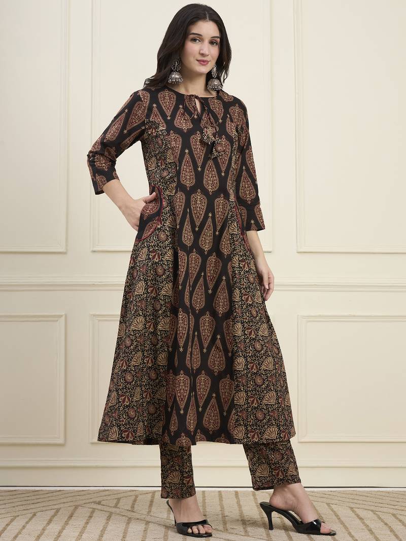 black cotton kalidaar style kurta pant dupatta set
