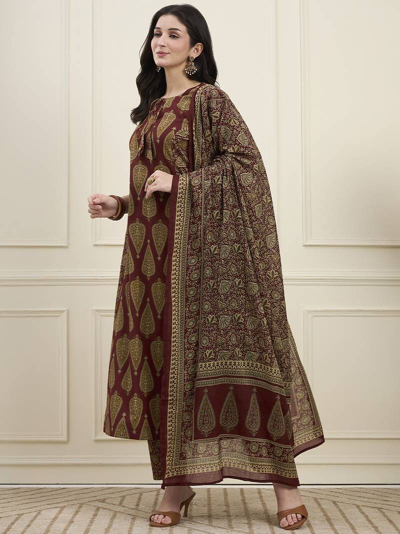 maroon cotton kalidaar style kurta pant dupatta set