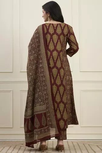 maroon cotton kalidaar style kurta pant dupatta set