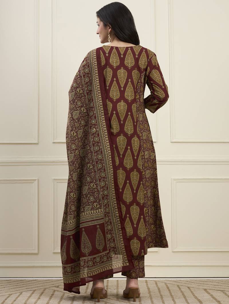 maroon cotton kalidaar style kurta pant dupatta set