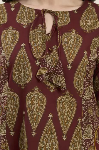 maroon cotton kalidaar style kurta pant dupatta set