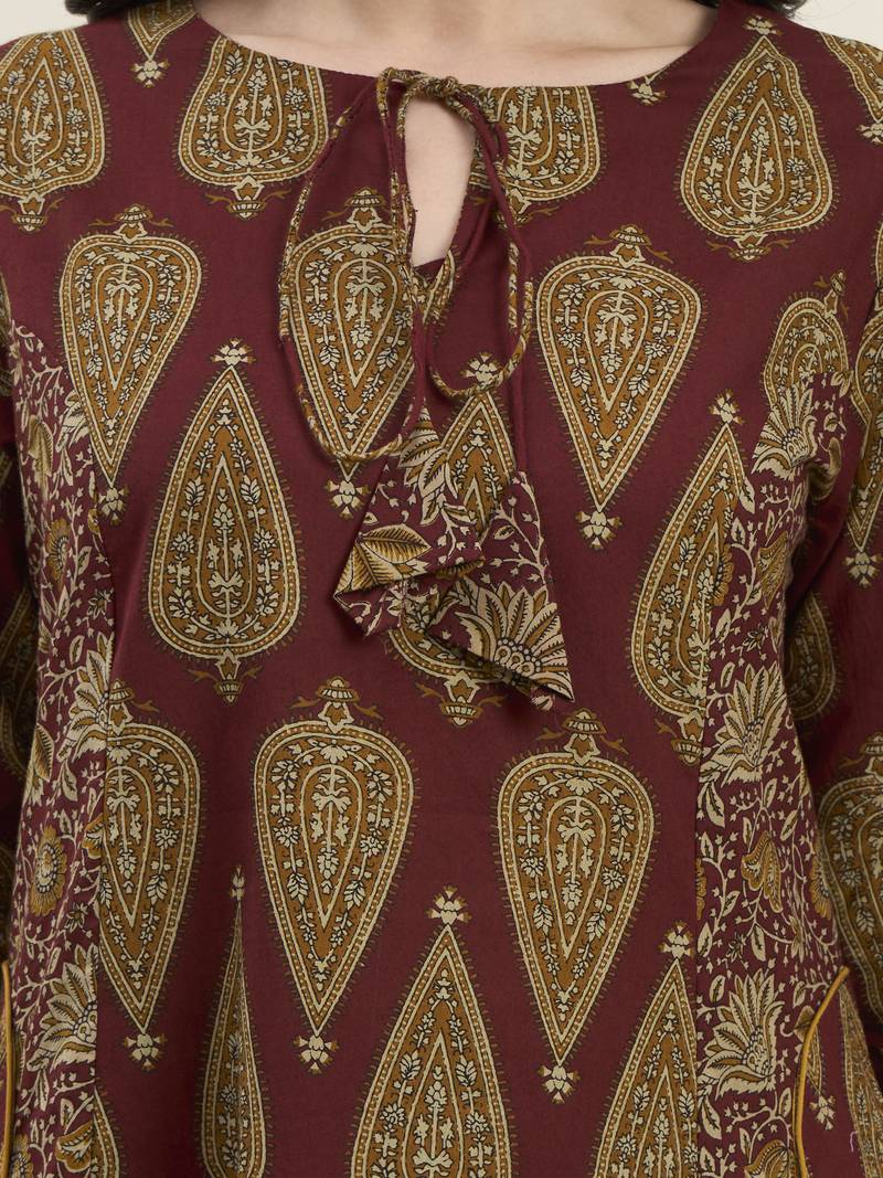 maroon cotton kalidaar style kurta pant dupatta set