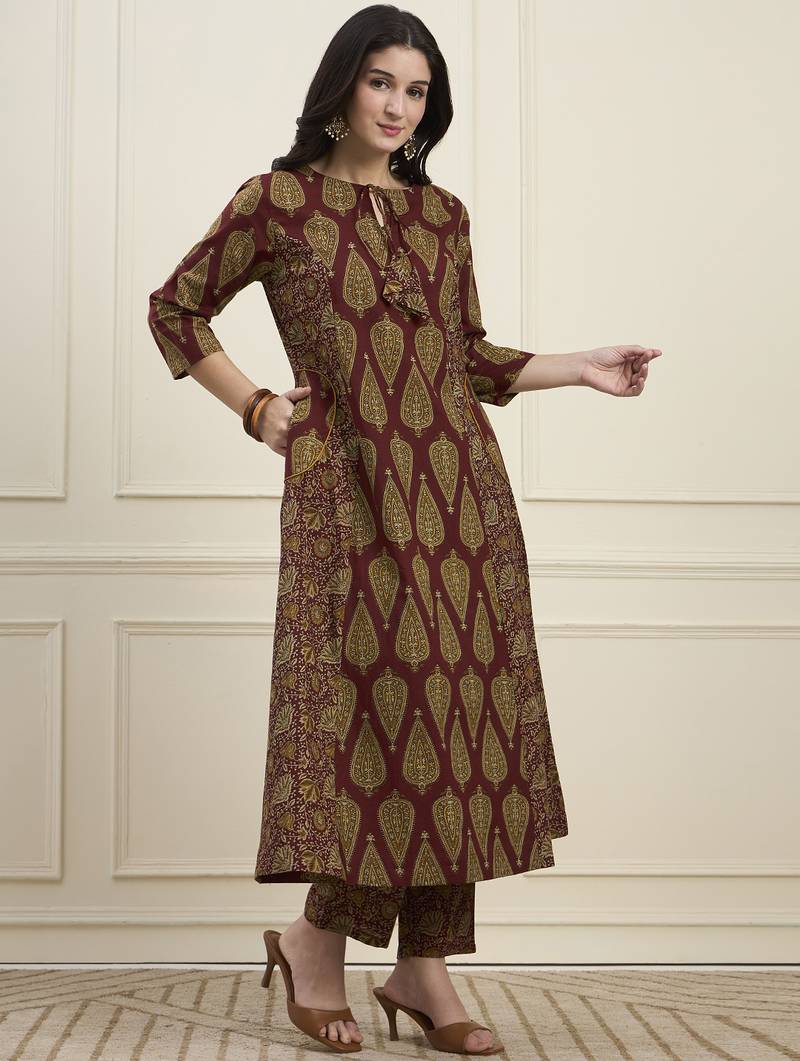 maroon cotton kalidaar style kurta pant dupatta set