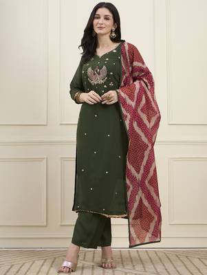 Yufta green mal chanderi lining kurta dupatta pant set 1