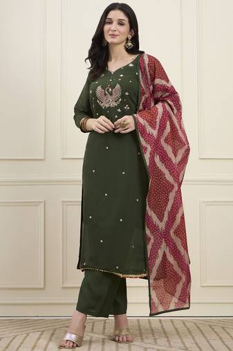 Yufta green mal chanderi lining kurta dupatta pant set