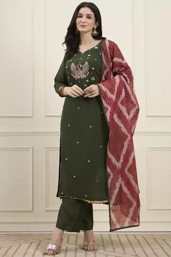 Yufta green mal chanderi lining kurta dupatta pant set