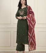 Yufta green mal chanderi lining kurta dupatta pant set