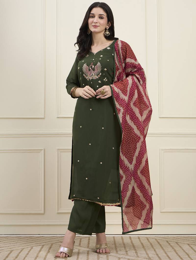 Yufta green mal chanderi lining kurta dupatta pant set