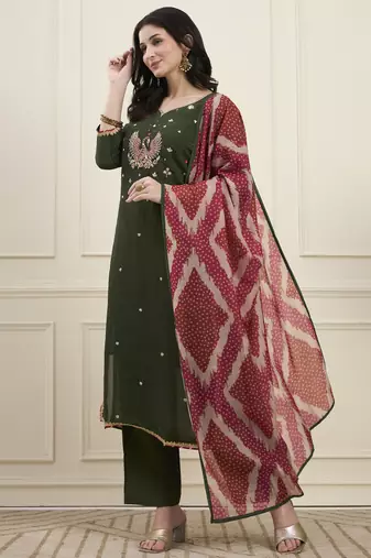 Yufta green mal chanderi lining kurta dupatta pant set