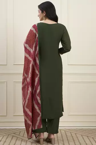 Yufta green mal chanderi lining kurta dupatta pant set