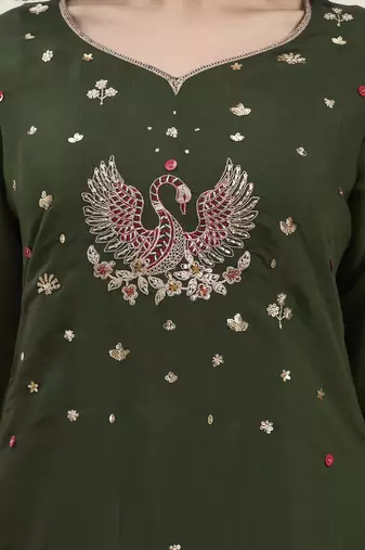 Yufta green mal chanderi lining kurta dupatta pant set
