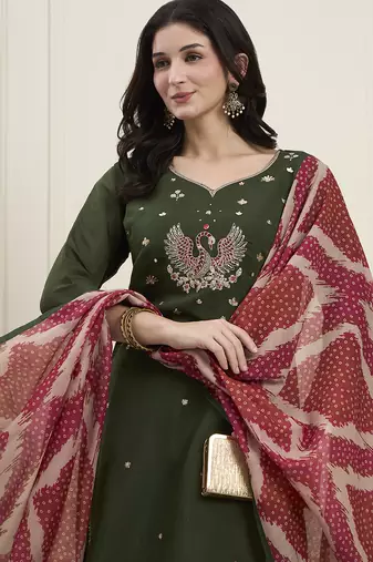 Yufta green mal chanderi lining kurta dupatta pant set
