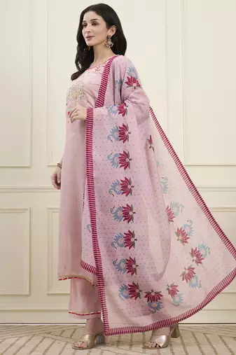 pink mal chanderi lining kurta dupatta pant set