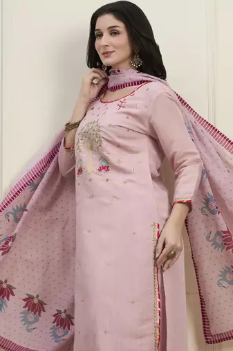 pink mal chanderi lining kurta dupatta pant set