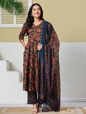 navy blue anarkali cotton floral maternity wear kurta trouser dupatta set 1