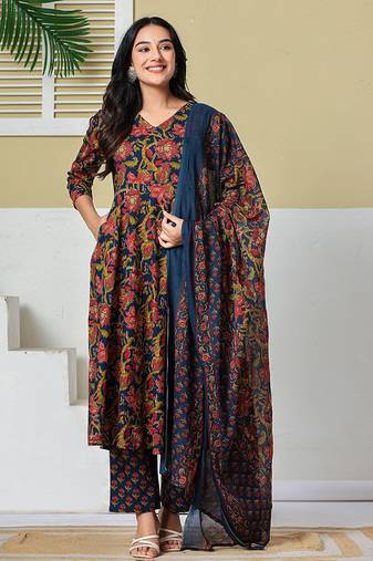 navy blue anarkali cotton floral maternity wear kurta trouser dupatta set
