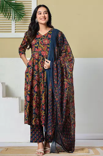 navy blue anarkali cotton floral maternity wear kurta trouser dupatta set
