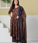 navy blue anarkali cotton floral maternity wear kurta trouser dupatta set