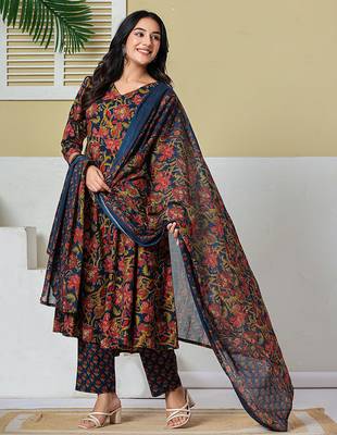 navy blue anarkali cotton floral maternity wear kurta trouser dupatta set 2
