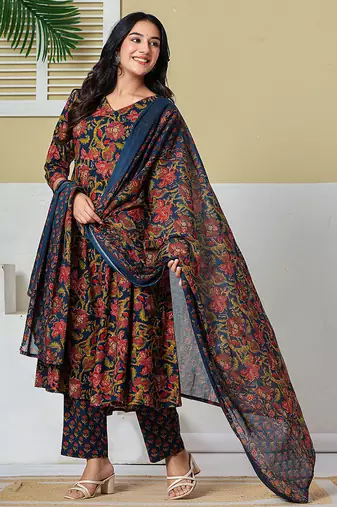 navy blue anarkali cotton floral maternity wear kurta trouser dupatta set