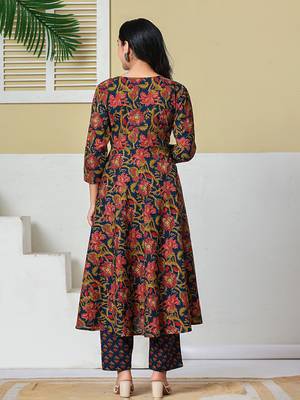 navy blue anarkali cotton floral maternity wear kurta trouser dupatta set 3