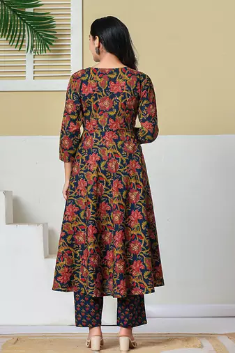 navy blue anarkali cotton floral maternity wear kurta trouser dupatta set