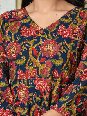 navy blue anarkali cotton floral maternity wear kurta trouser dupatta set 4