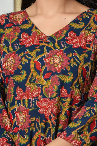 navy blue anarkali cotton floral maternity wear kurta trouser dupatta set