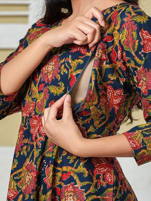 navy blue anarkali cotton floral maternity wear kurta trouser dupatta set 5