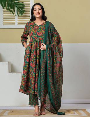 Yufta green anarkali pure cotton floral maternity wear kurta trouser dupatta set 1