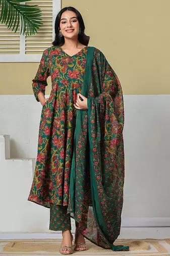 Yufta green anarkali pure cotton floral maternity wear kurta trouser dupatta set