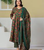 Yufta green anarkali pure cotton floral maternity wear kurta trouser dupatta set