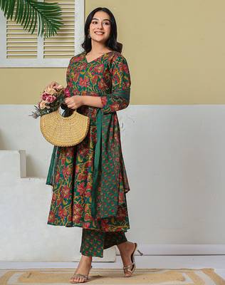 Yufta green anarkali pure cotton floral maternity wear kurta trouser dupatta set 2
