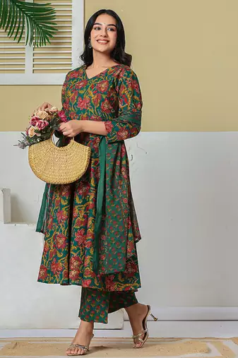 Yufta green anarkali pure cotton floral maternity wear kurta trouser dupatta set