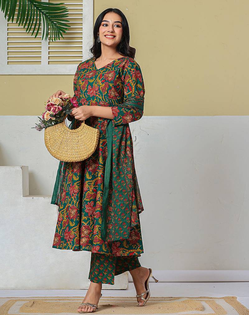 Yufta green anarkali pure cotton floral maternity wear kurta trouser dupatta set