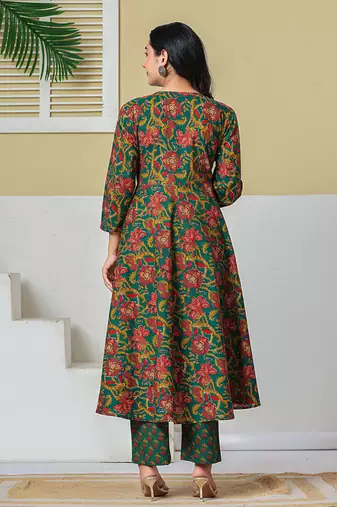 Yufta green anarkali pure cotton floral maternity wear kurta trouser dupatta set