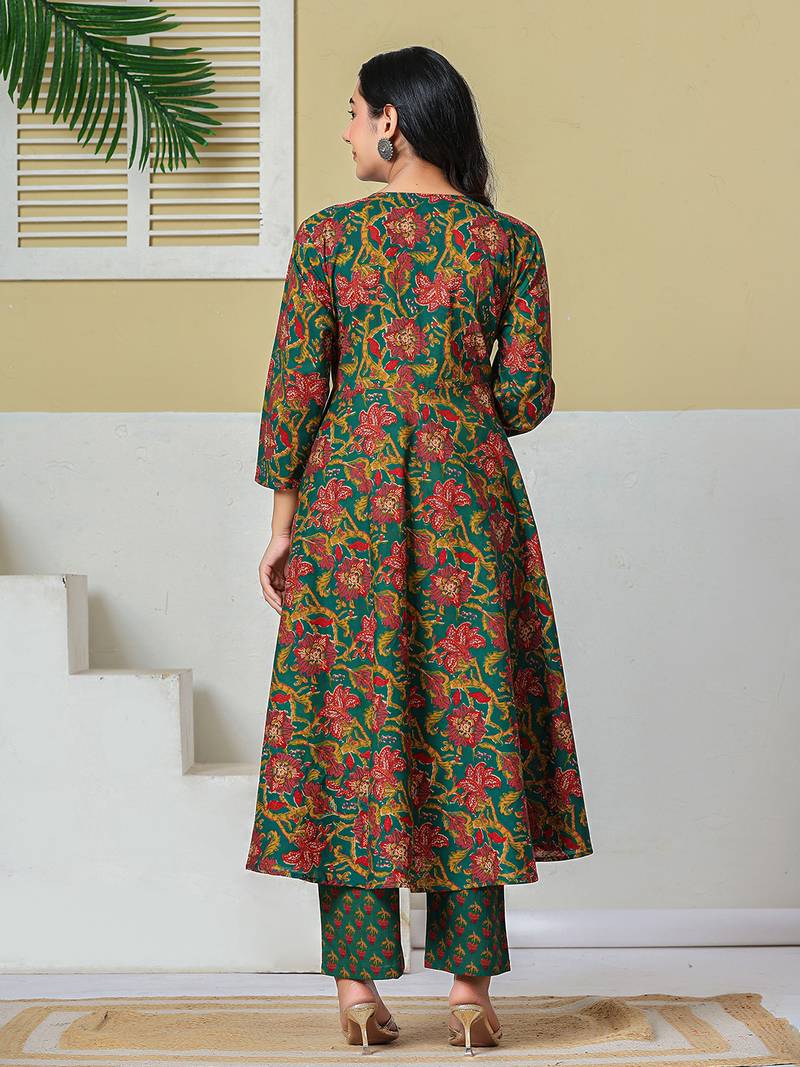 Yufta green anarkali pure cotton floral maternity wear kurta trouser dupatta set