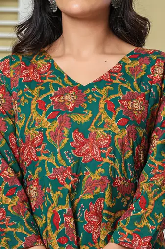 Yufta green anarkali pure cotton floral maternity wear kurta trouser dupatta set
