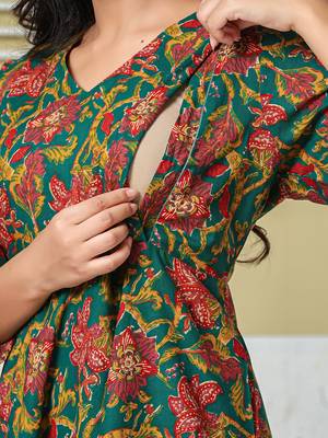 Yufta green anarkali pure cotton floral maternity wear kurta trouser dupatta set 5