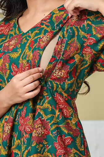 Yufta green anarkali pure cotton floral maternity wear kurta trouser dupatta set