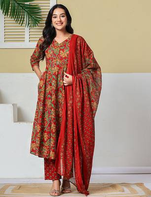 red anarkali cotton floral maternity wear kurta trouser dupatta set 1