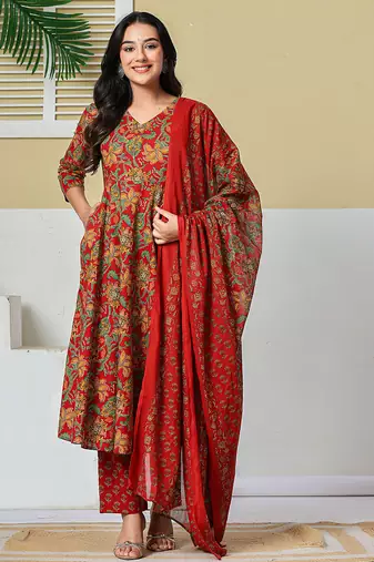 red anarkali cotton floral maternity wear kurta trouser dupatta set