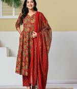 red anarkali cotton floral maternity wear kurta trouser dupatta set