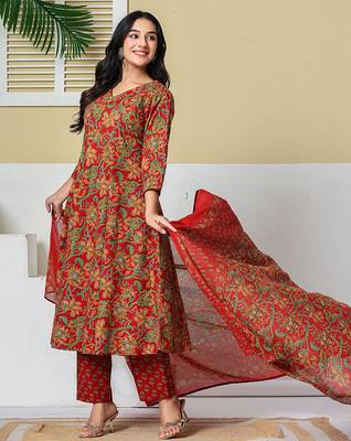 red anarkali cotton floral maternity wear kurta trouser dupatta set 2