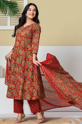red anarkali cotton floral maternity wear kurta trouser dupatta set