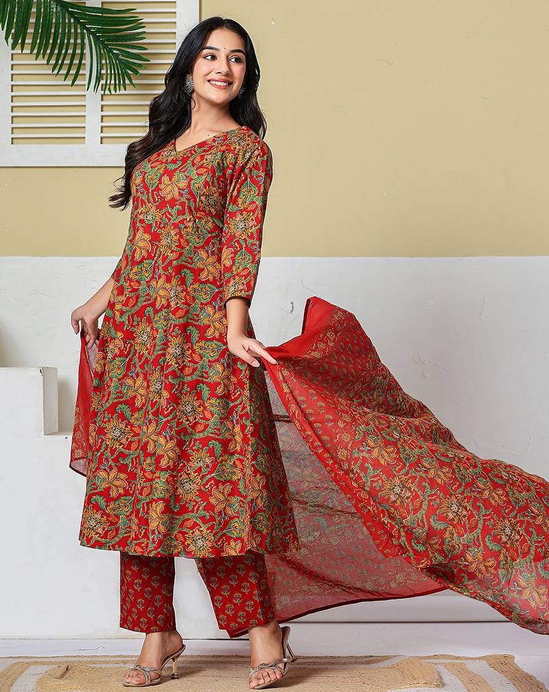 red anarkali cotton floral maternity wear kurta trouser dupatta set